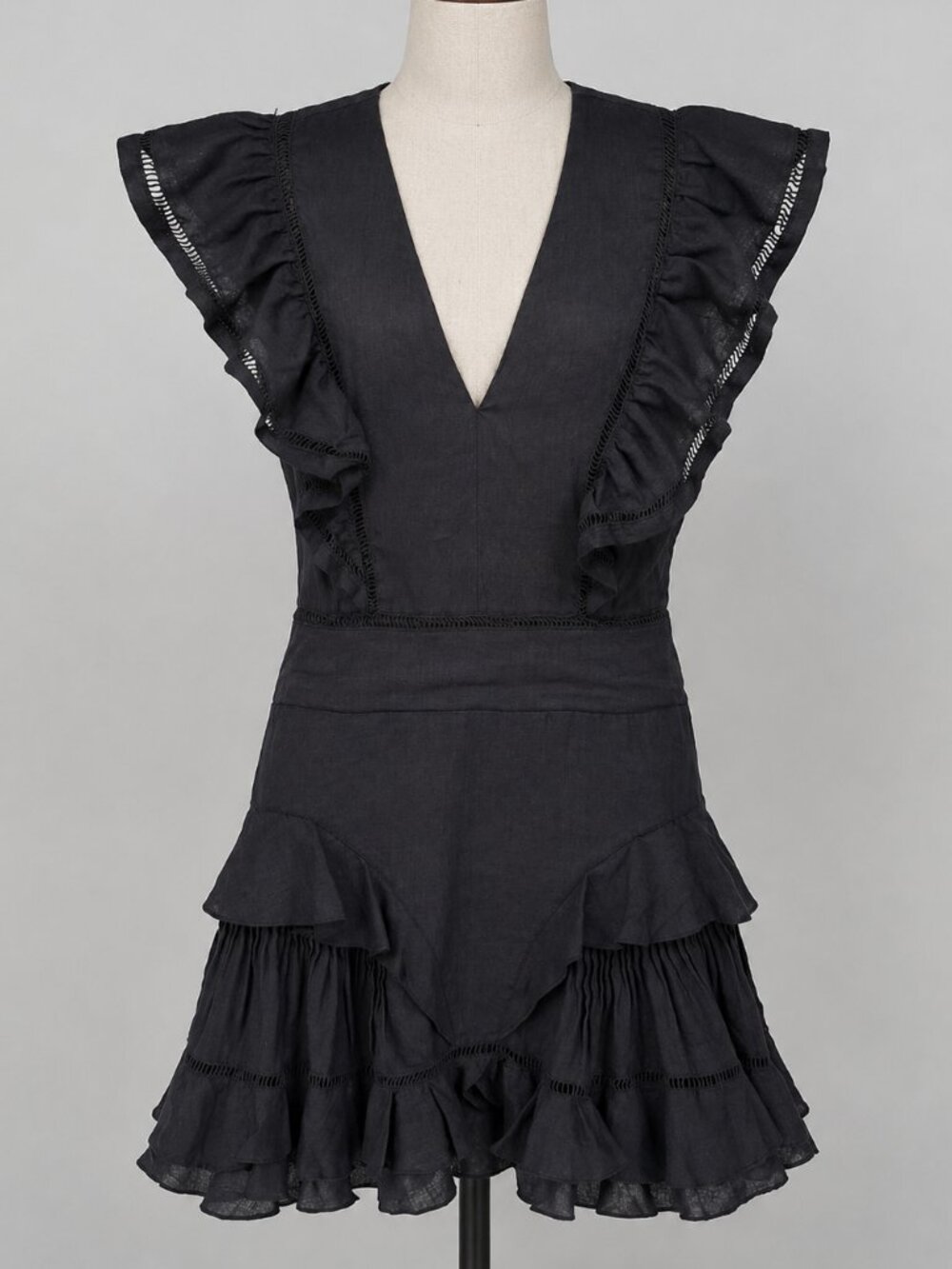 Isabel Étoile Marant Dress S 36 Black VNeck Short Ruffle Linen Fit Flare Audrey